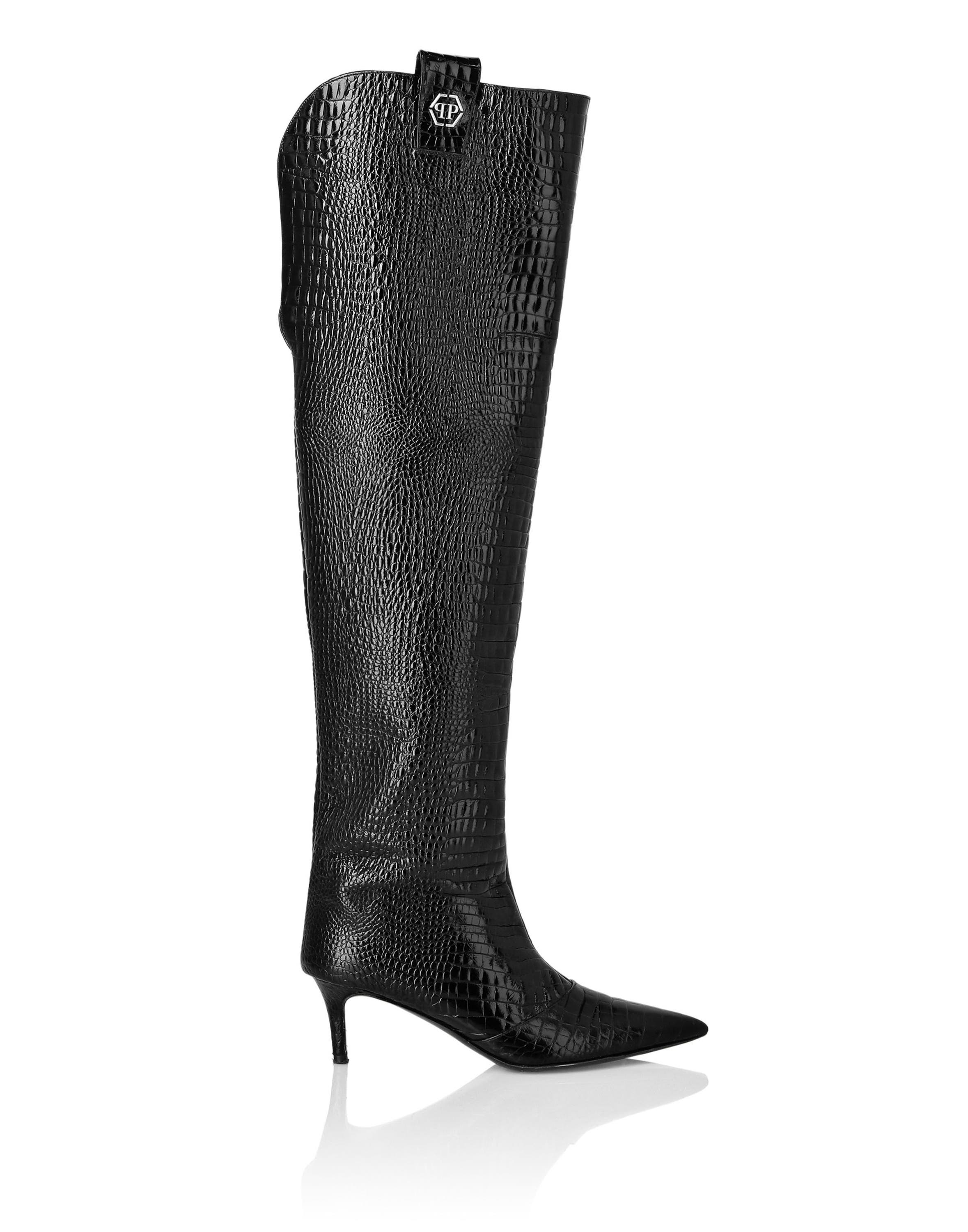 PHILIPP PLEIN Low-Heel Overknee Boots Cocco Print Women, Alternate, color, Black