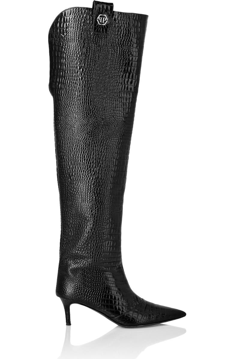 PHILIPP PLEIN Low-Heel Overknee Boots Cocco Print Women, Alternate, color, Black