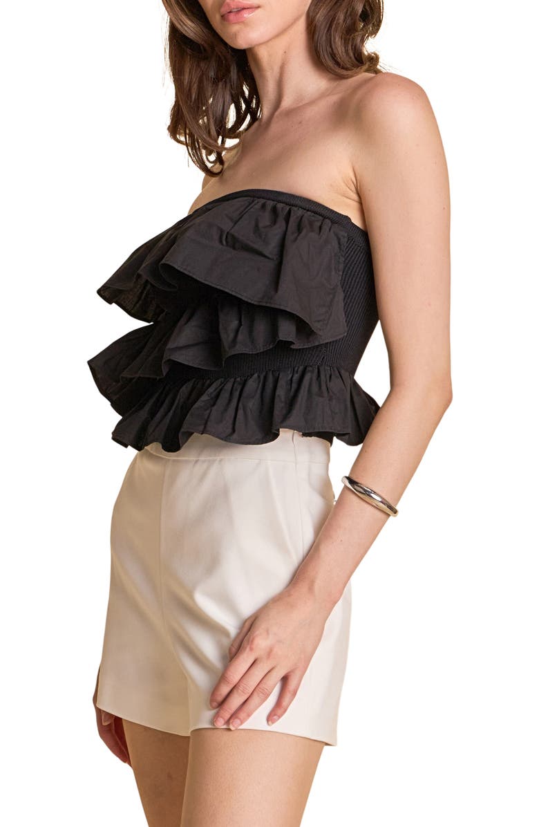 Endless Rose Mixed Media Ruffle Strapless Rib Tube Top, Alternate, color, Black