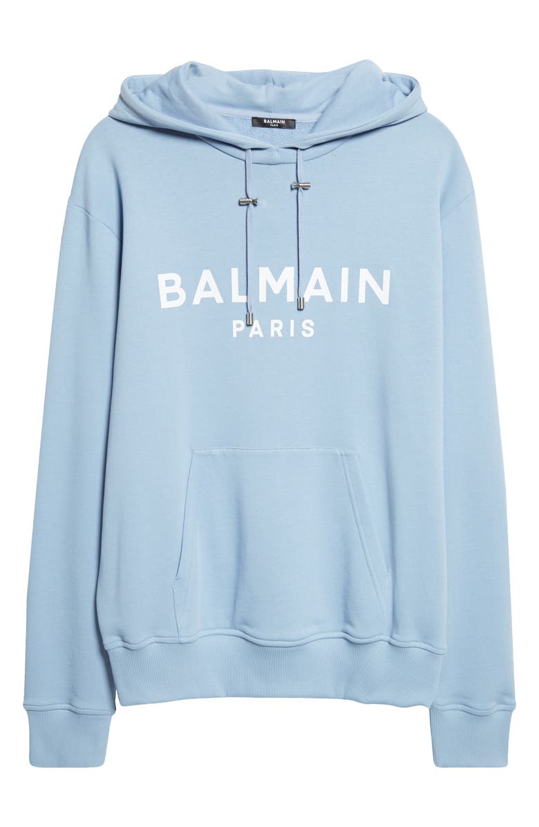 Balmain Organic Cotton Logo Graphic Hoodie, Alternate, color, Slj Pale Blue/ White