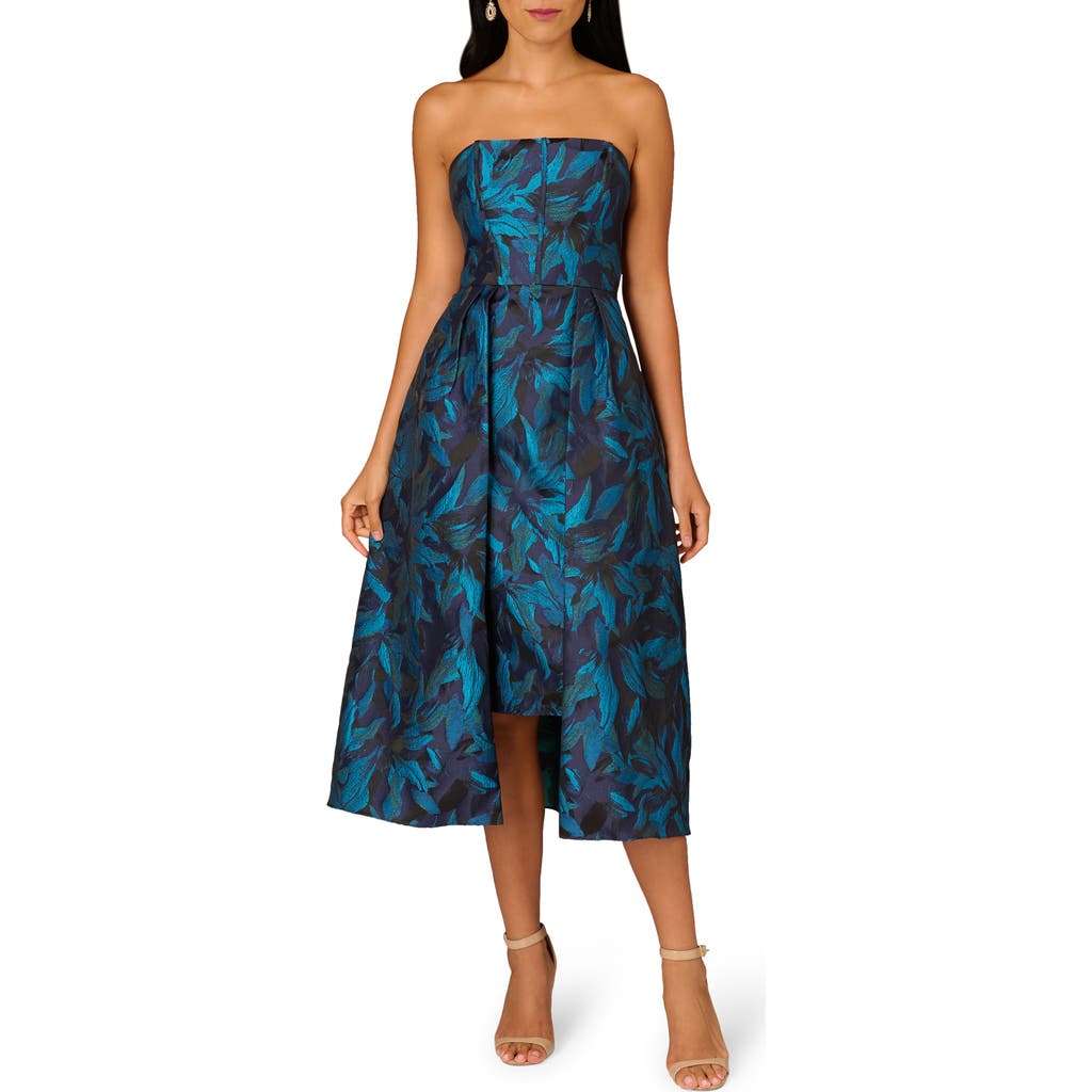 Aidan Mattox by Adrianna Papell Floral Jacquard Strapless Cocktail Dress in Blue/Black Multi