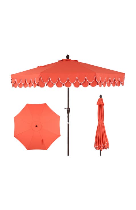Tracy 9 ft. Classic MidCentury Scalloped Fringe Market Patio Umbrella with Auto-Tilt, Crank, Wind Vent and UV Protection