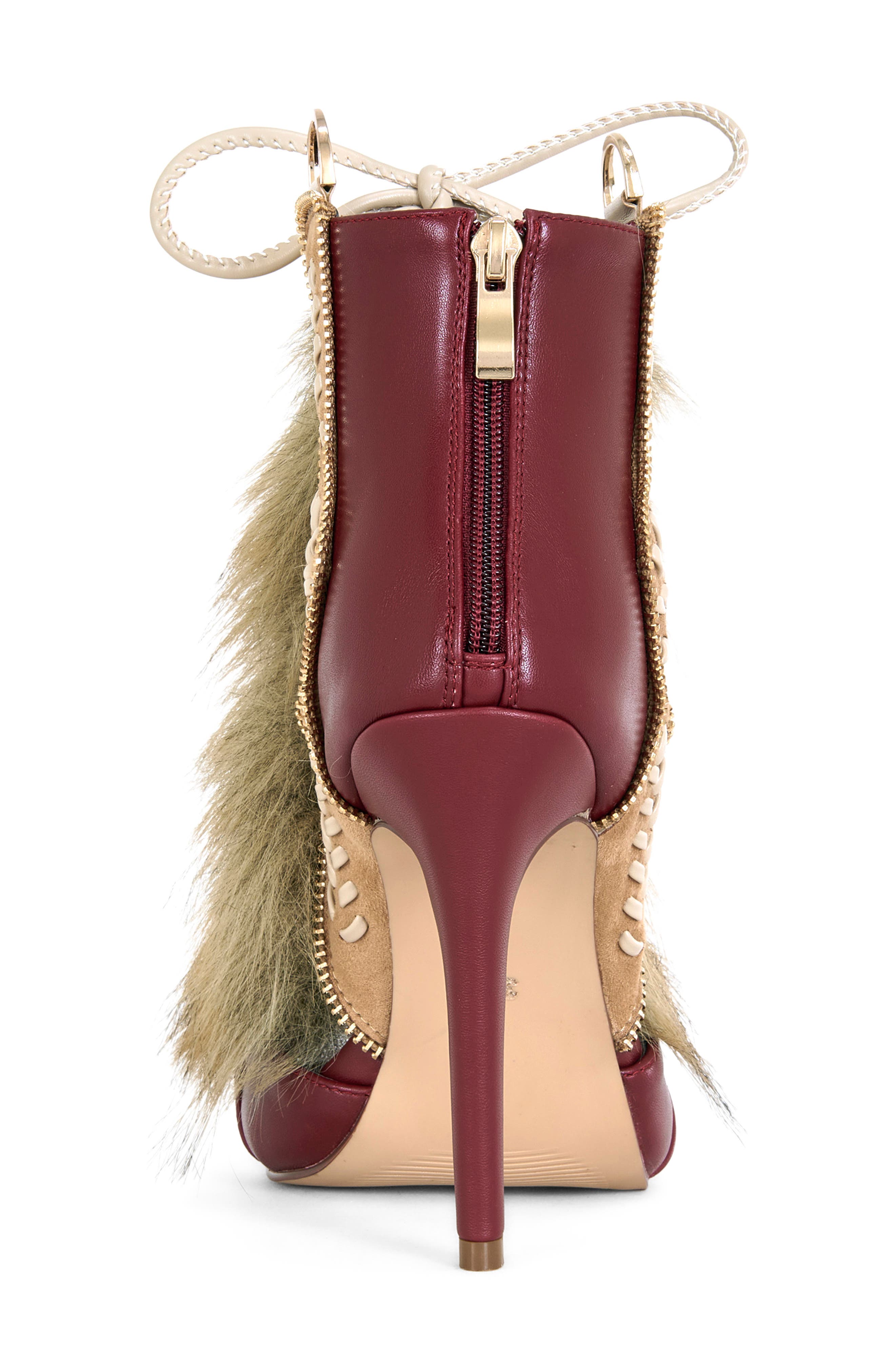 Shainy Faux Fur Open Toe Bootie, Alternate, color, BURGUNDY MULTI