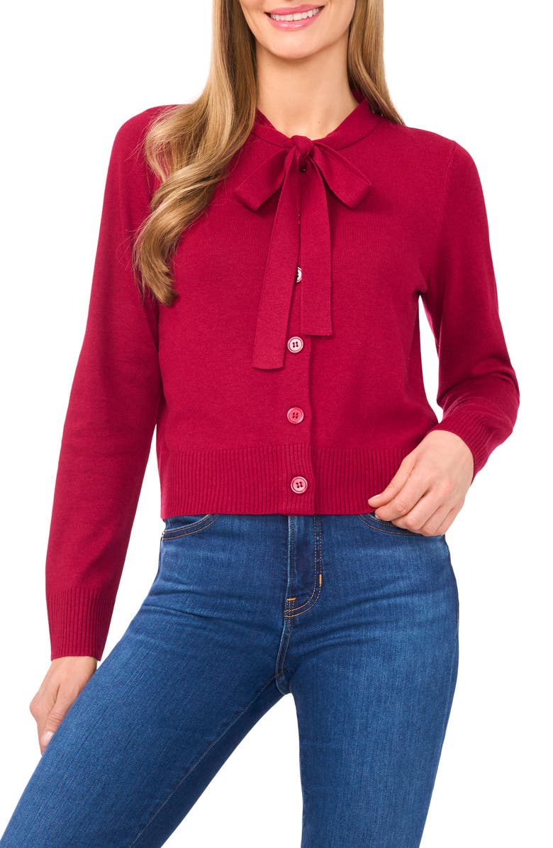 CeCe Tie Neck Cardigan, Main, color, Deep Merlot