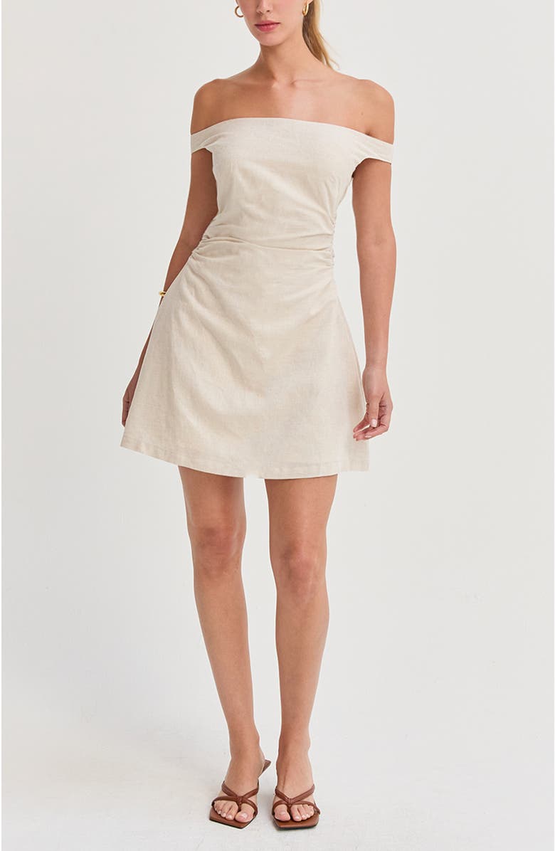 CRESCENT Off Shoulder Side Ruched Linen Mini Dress, Alternate, color, Oatmeal