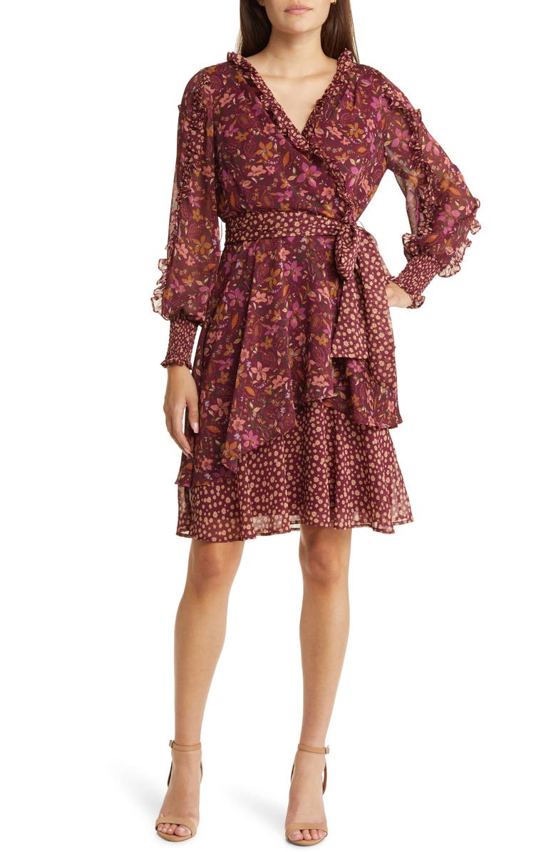 Tahari ASL Mixed Floral Print Long Sleeve Chiffon Dress | Nordstromrack