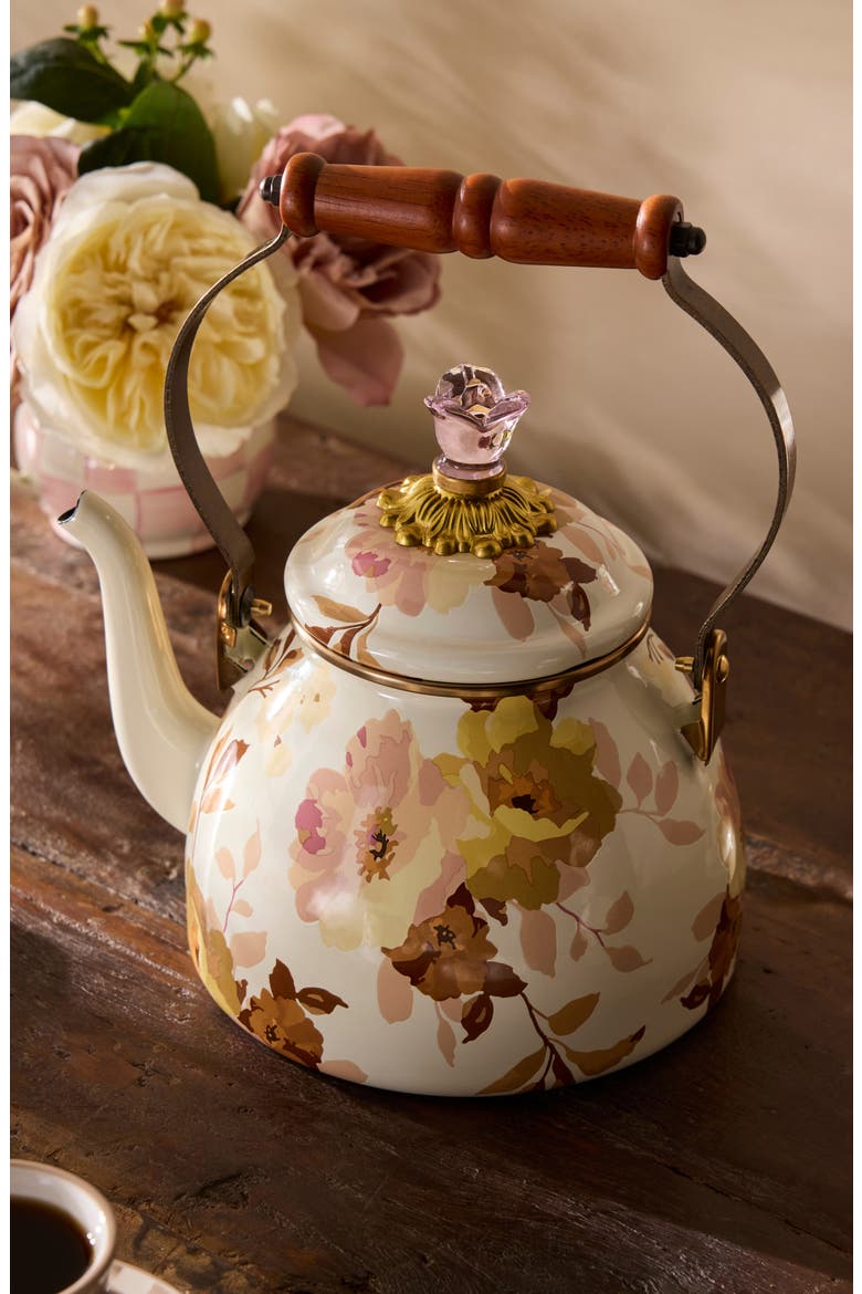 Wild Rose Enameled Steel 2-Quart Tea Kettle, Alternate, color, WHITE