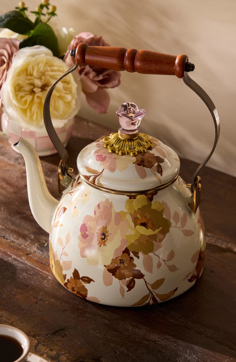 MACKENZIE CHILDS Wild Rose Enameled Steel 2-Quart Tea Kettle, Alternate, color, White