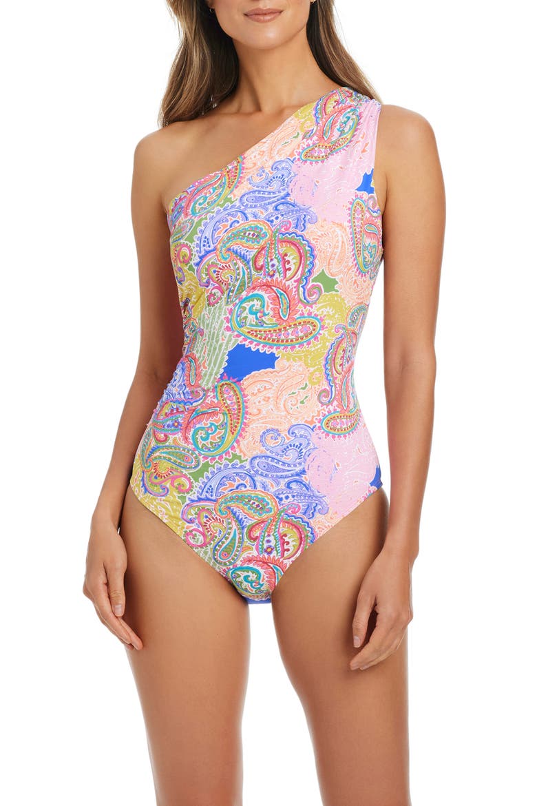 One-Shoulder One-Piece Swimsuit, Main, color, PINK MULTI