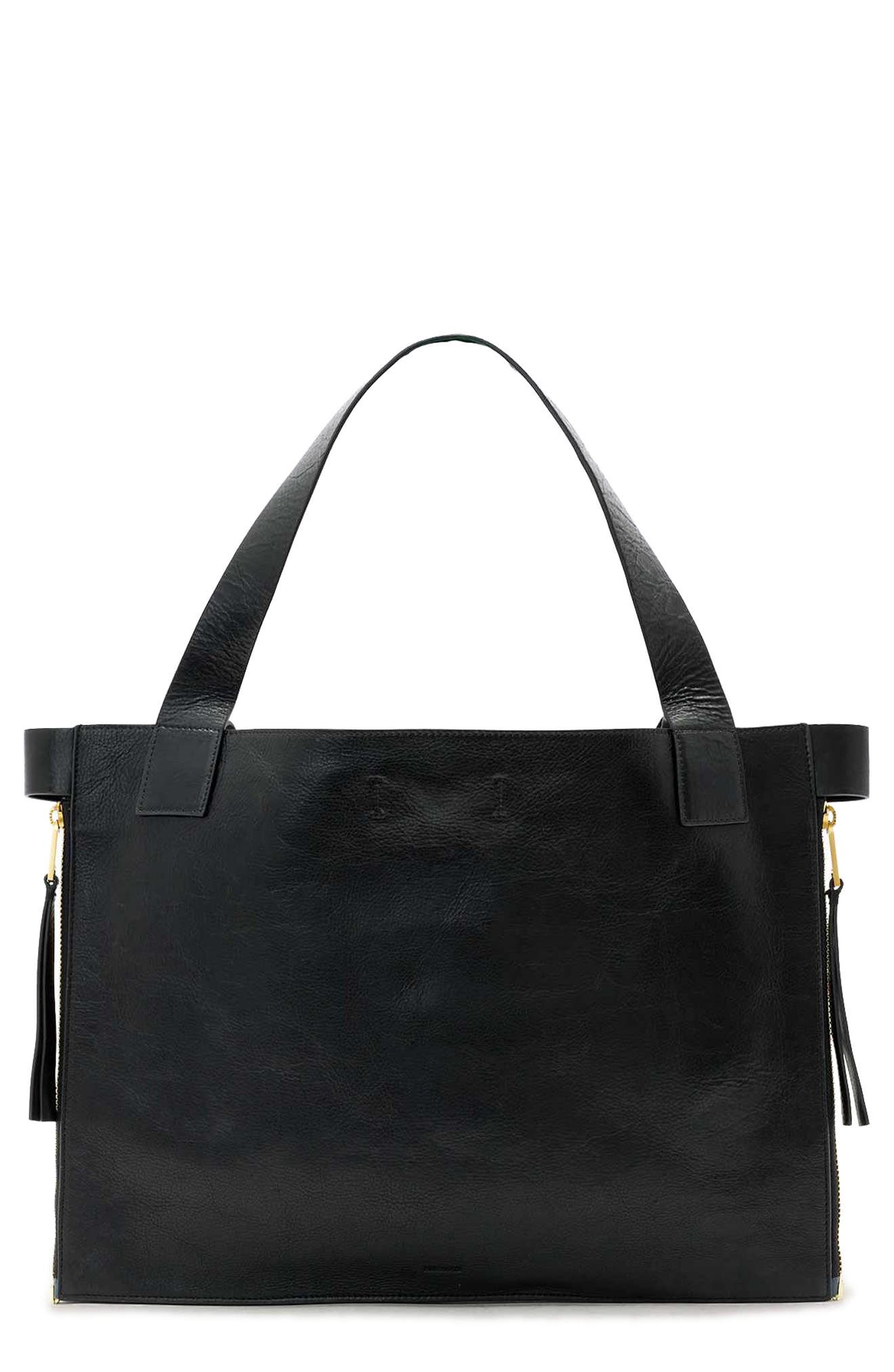 AllSaints Marlo Leather East/West Tote, Main, color, Black