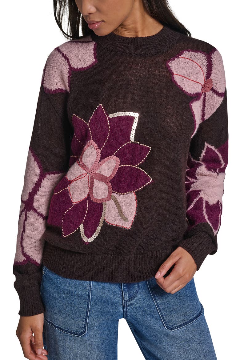Floral Sequin Crewneck Sweater, Main, color, CHOCOLATE