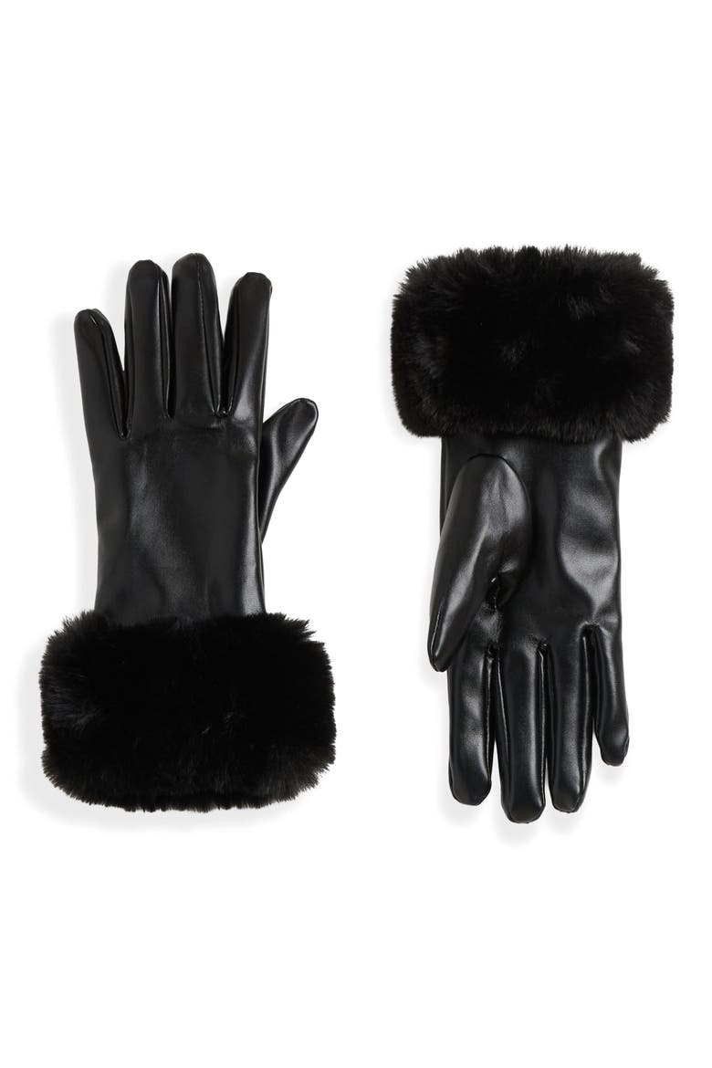 Faux Fur Trim Faux Leather Tech Gloves, Main, color, BLACK