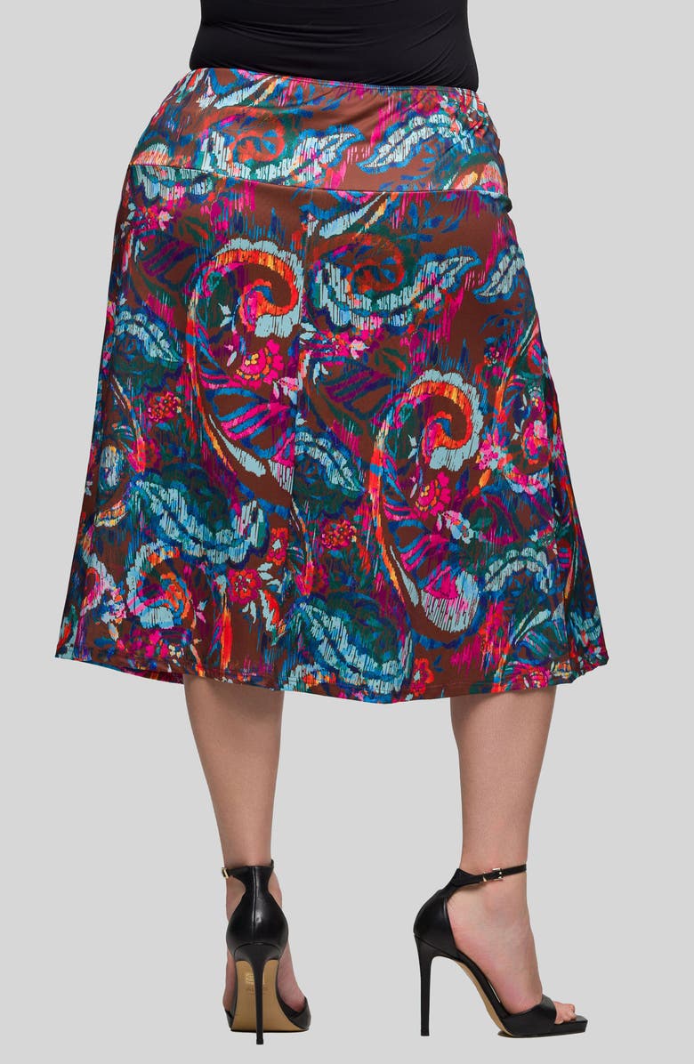 24seven Comfort Apparel Paisley Print Elastic Waist Midi Skirt, Alternate, color, Brown Multi