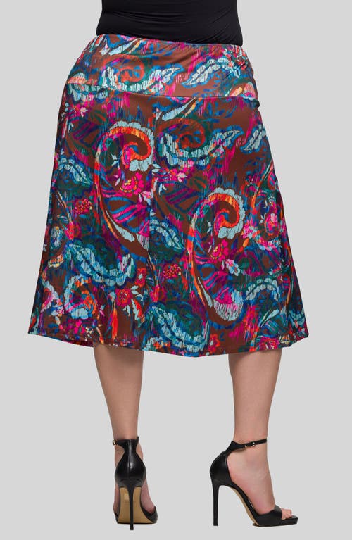 24seven Comfort Apparel Plus Size Print Comfortable Elastic Waist Knee Length Skirt In Brown Multi
