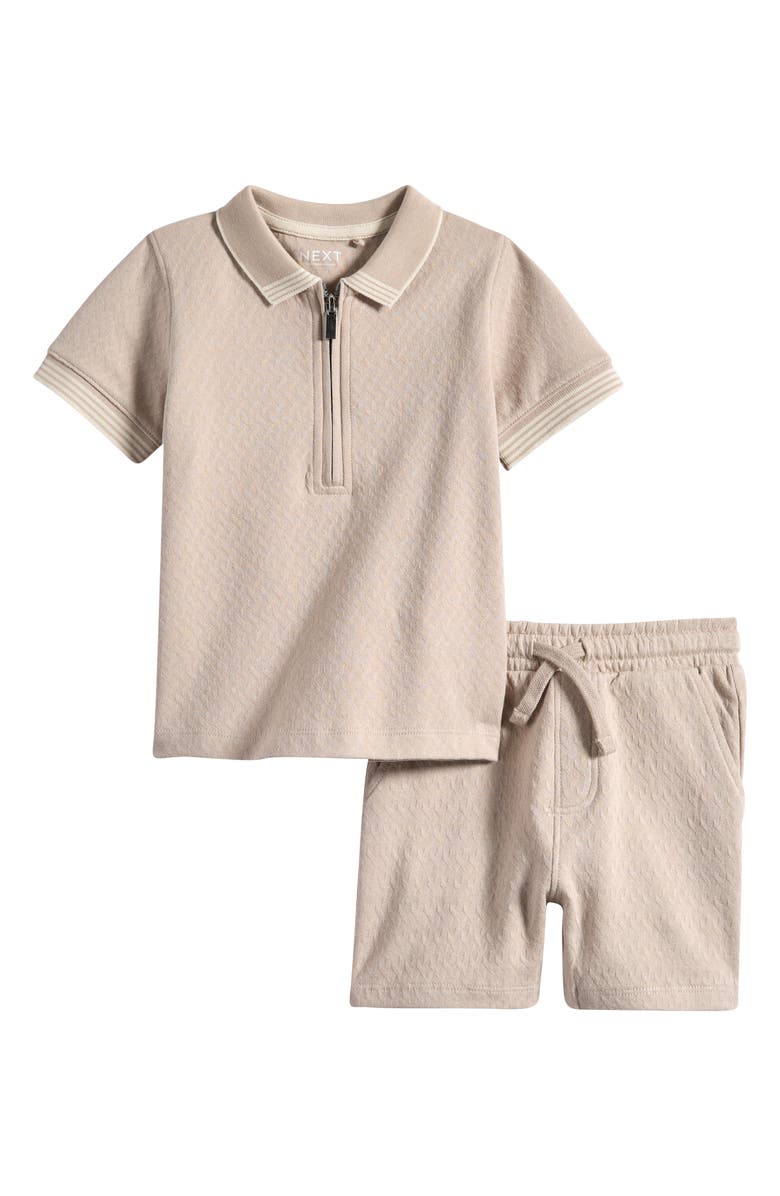 NEXT Kids' Stretch Cotton Quarter Zip Polo & Shorts Set, Main, color, Neutral