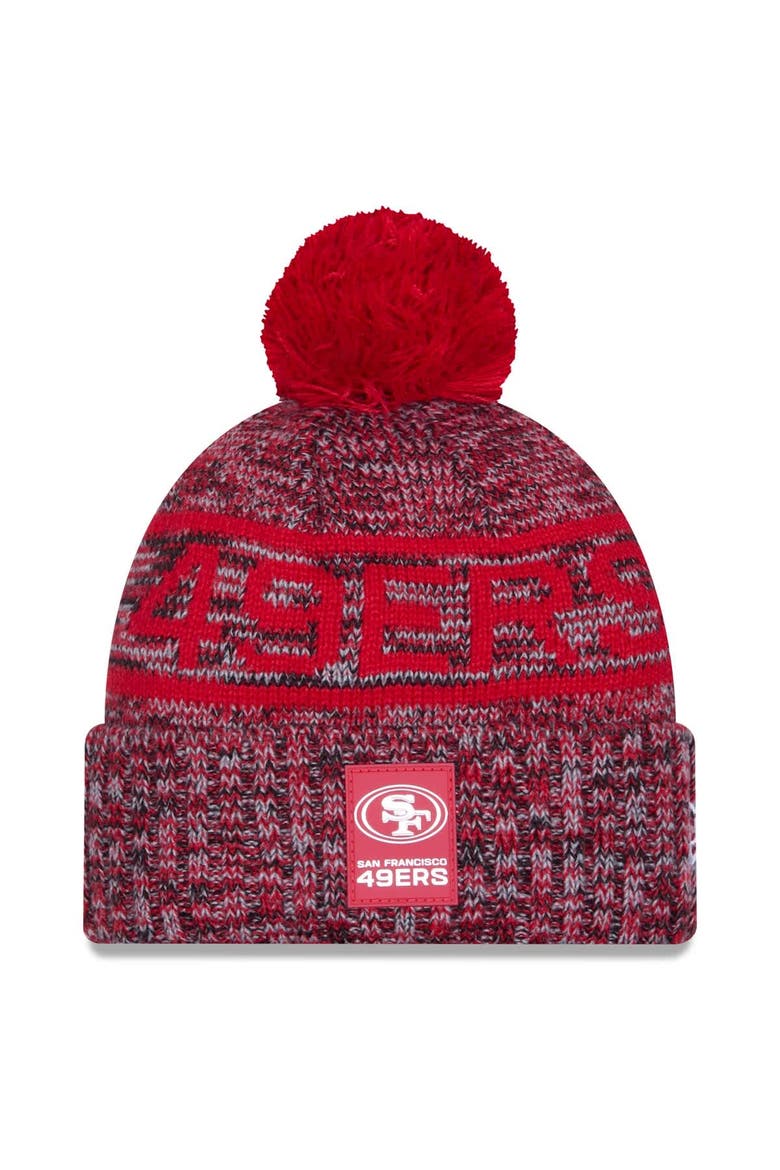 Men's New Era Scarlet San Francisco 49ers 2025 Sideline Cold Weather Cuffed Knit Hat with Pom, Main, color, Scarlet