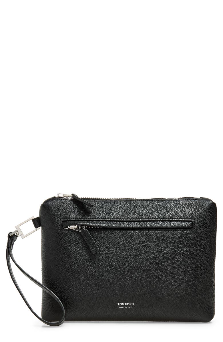 TOM FORD Wristlet Strap Grain Leather Pouch, Main, color, Naa Black