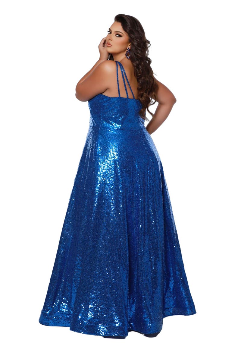 Sequin Scoop Neckline Plus Size A-Line Gown, Alternate, color, Cobalt