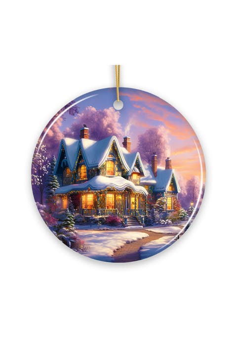 Snowy Evening Cottage Illustration Round Ornament