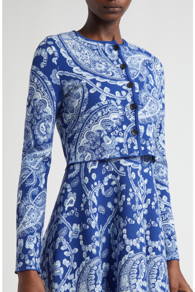 Paisley Jacquard Crop Cardigan, Alternate, color, MULTICOLOR ON BLUE BASE
