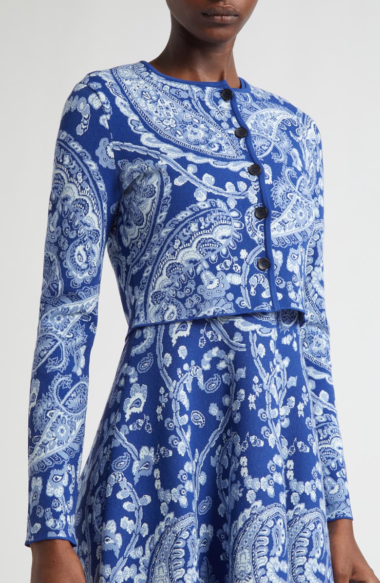 Etro Paisley Jacquard Crop Cardigan, Alternate, color, Multicolor On Blue Base