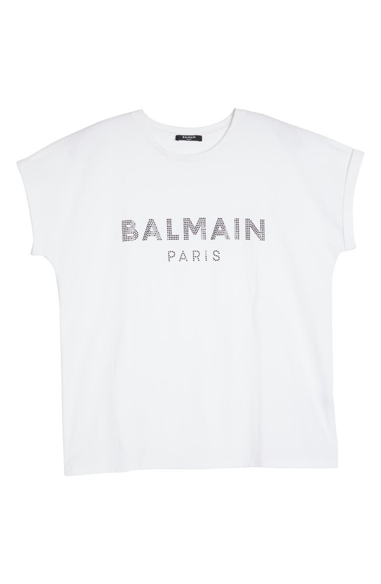 Balmain Crystal Logo Cotton T-Shirt, Alternate, color, 