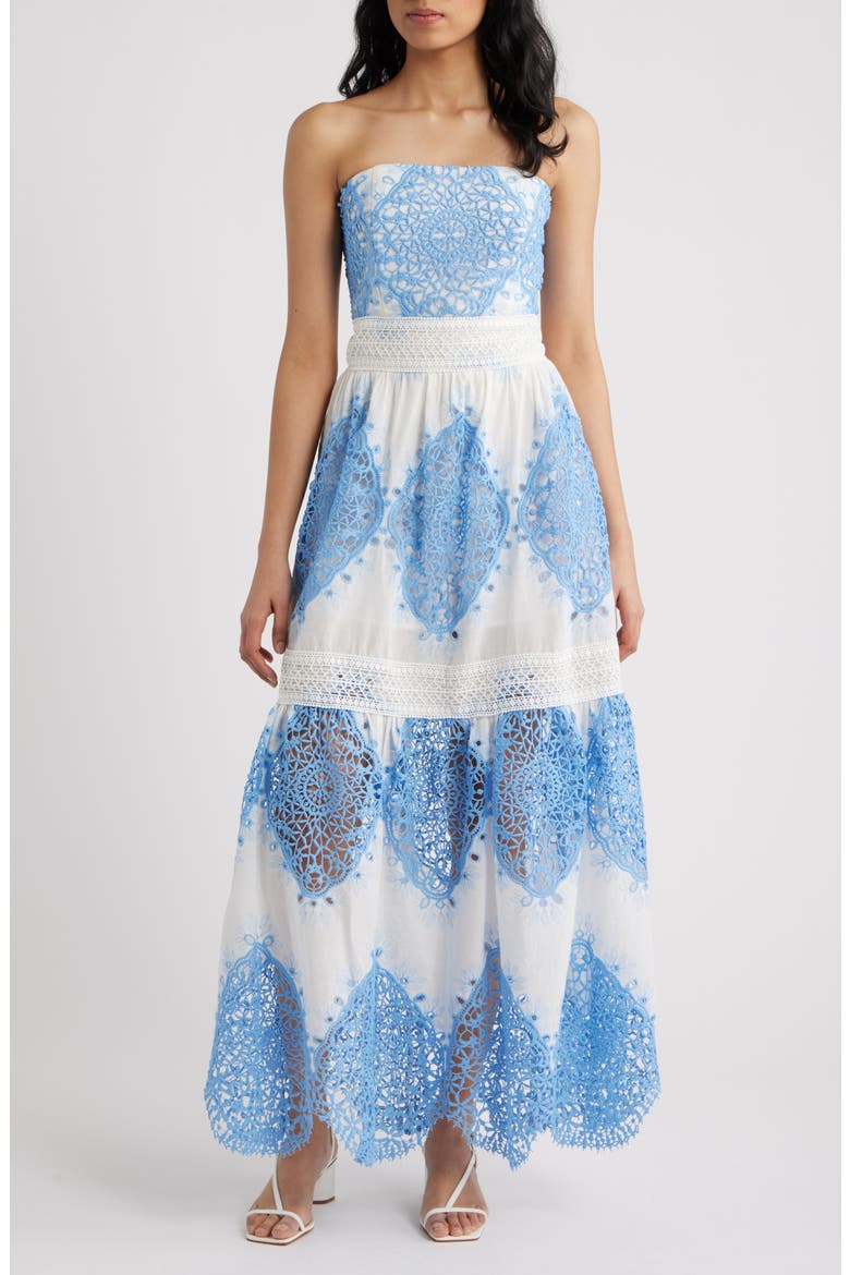 Antonella Strapless Midi Dress, Main, color, WHITE/ BLUE