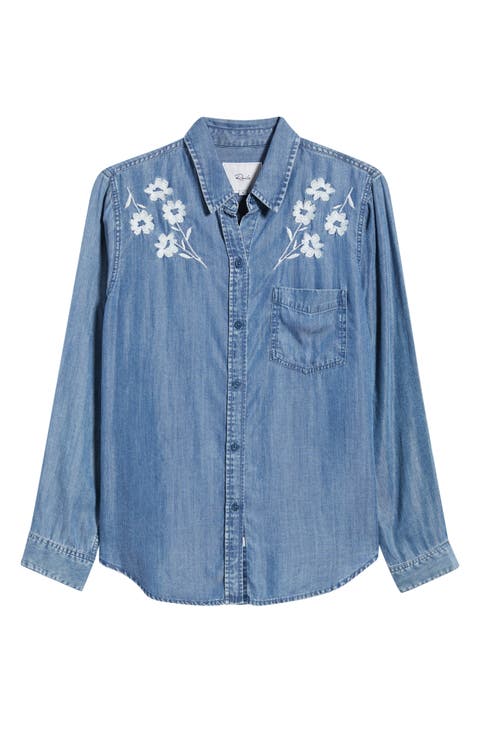 Ingrid Floral Embroidered Chambray Button-Up Shirt