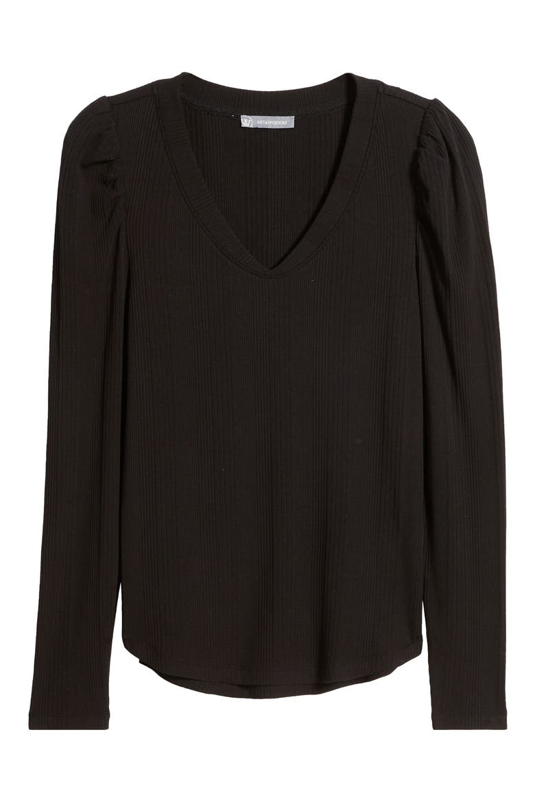 Puff Shoulder Rib Top, Alternate, color, BLACK