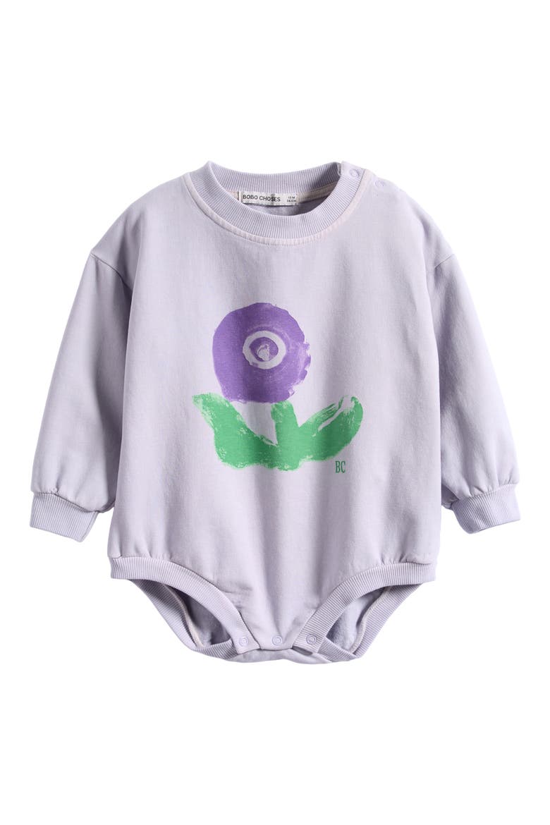 Stamp Bloom Organic Cotton Blend Fleece Bodysuit, Main, color, LAVENDER