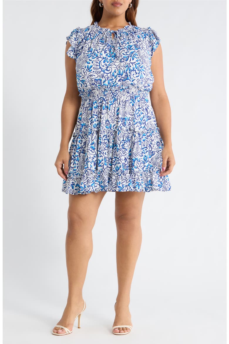 Mize Toledo Floral Tiered Minidress, Main, color, WHITE BLUES