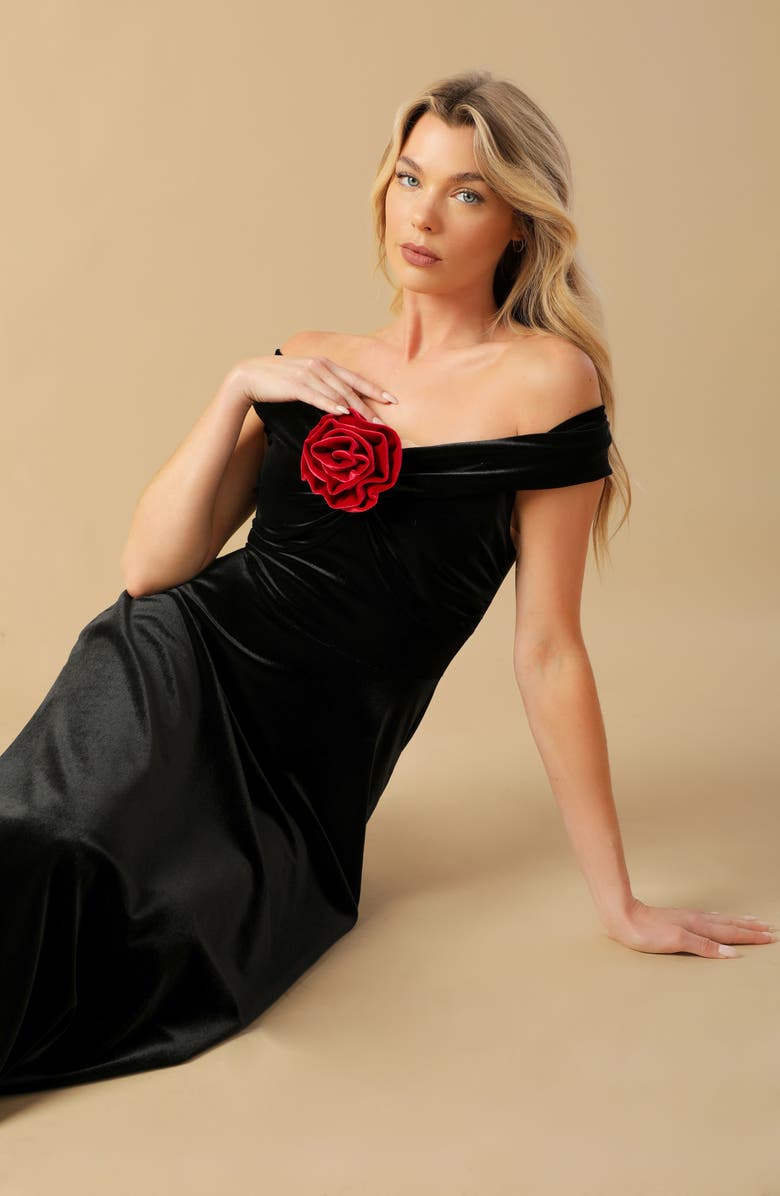 FLYING TOMATO Off the Shoulder Velvet Midi Dress, Alternate, color, Black/Red