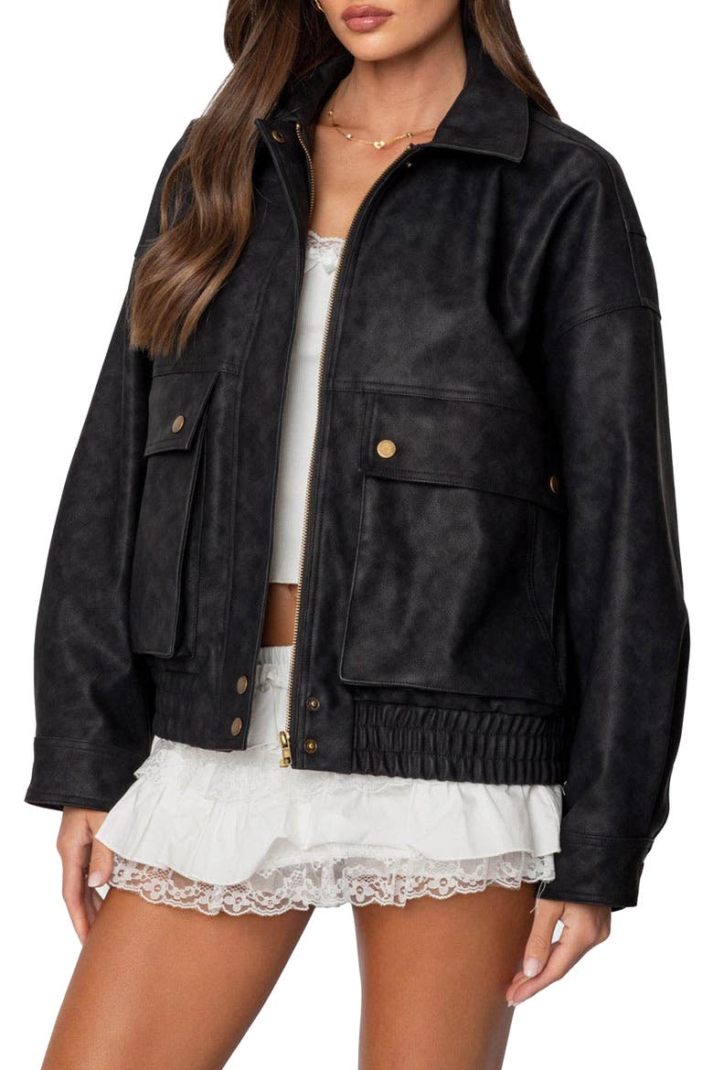 Faux Leather Bomber Jacket, Alternate, color, BLACK