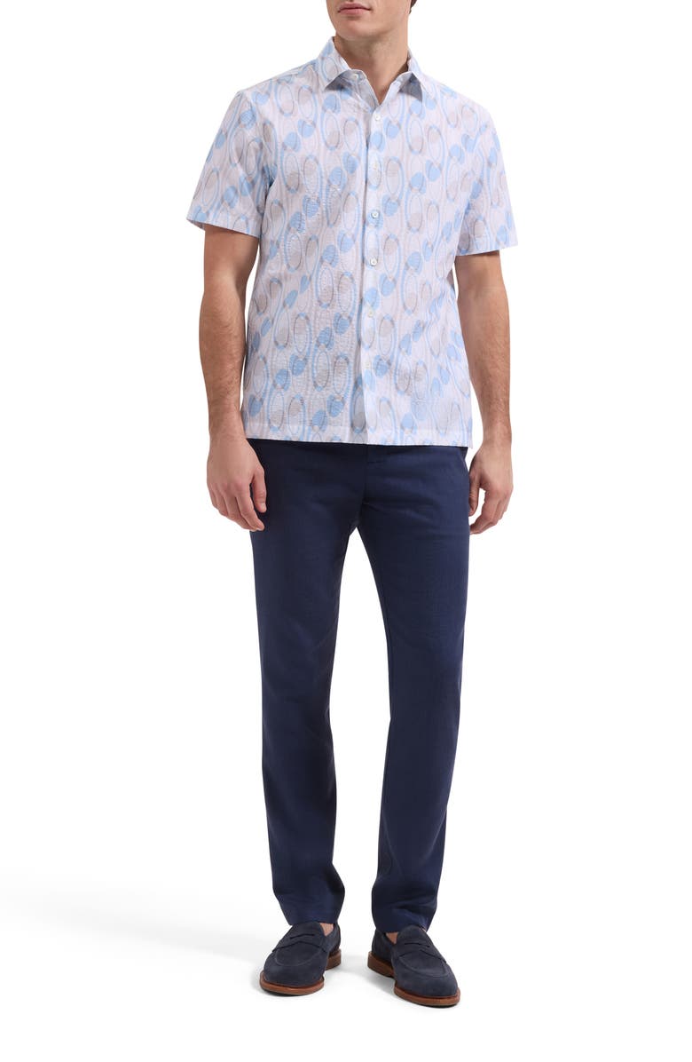Bugatchi Vero Shaped Fit Geometric Print Short Sleeve Button-Up Shirt, Alternate, color, Hazy Blue