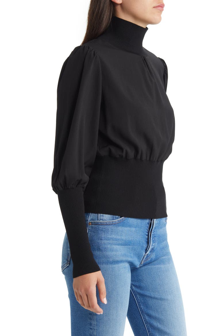 Krista Rib Trim Mixed Media Turtleneck, Alternate, color, BLACK