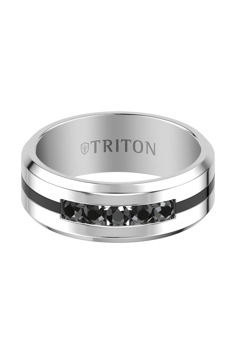 8MM Tungsten Carbide Ring with Channel Set Black Sapphires and Black Tungsten Line with Step Edge, Alternate, color, Metallic Silver