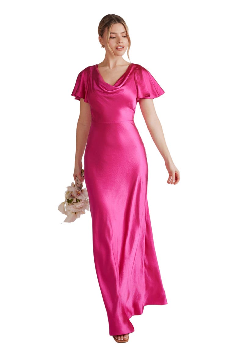 Flutter Sleeve Satin Bridesmaid Dress, Alternate, color, Fuchsia