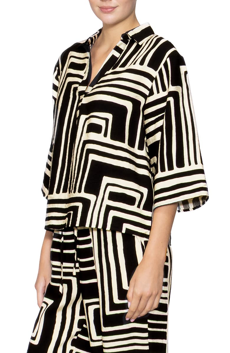 MELLODAY Print Three-Quarter Sleeve Woven Top, Alternate, color, Black Ivory