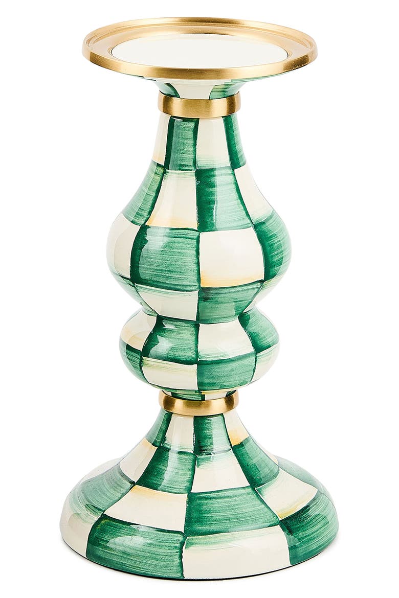 Emerald Check Medium Pillar Candleholder, Main, color, EMERALD