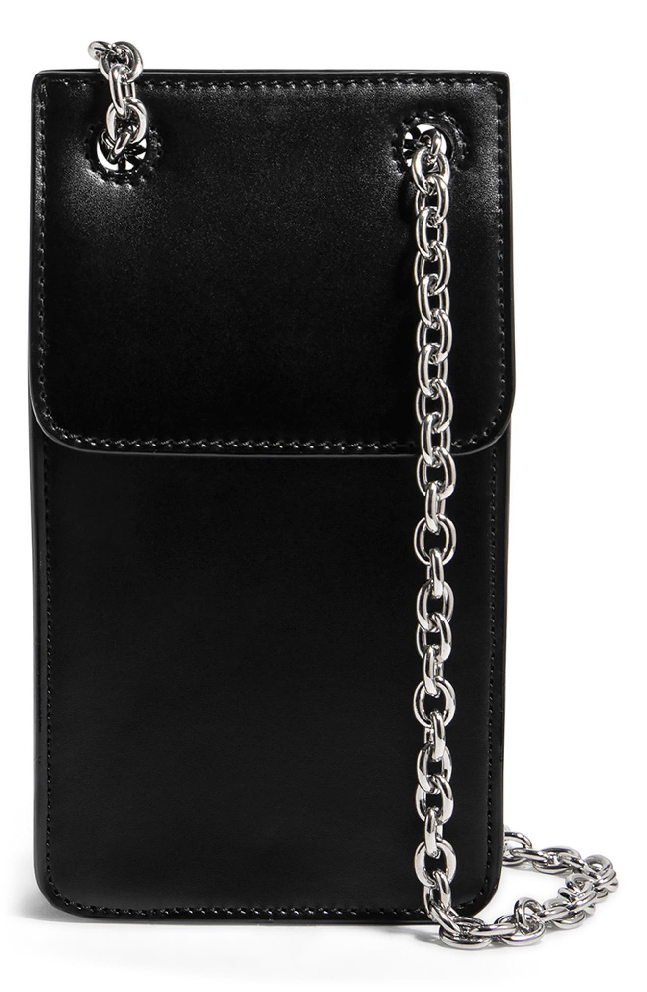 Vegan Leather Phone Crossbody Bag, Main, color, BLACK/ SILVER