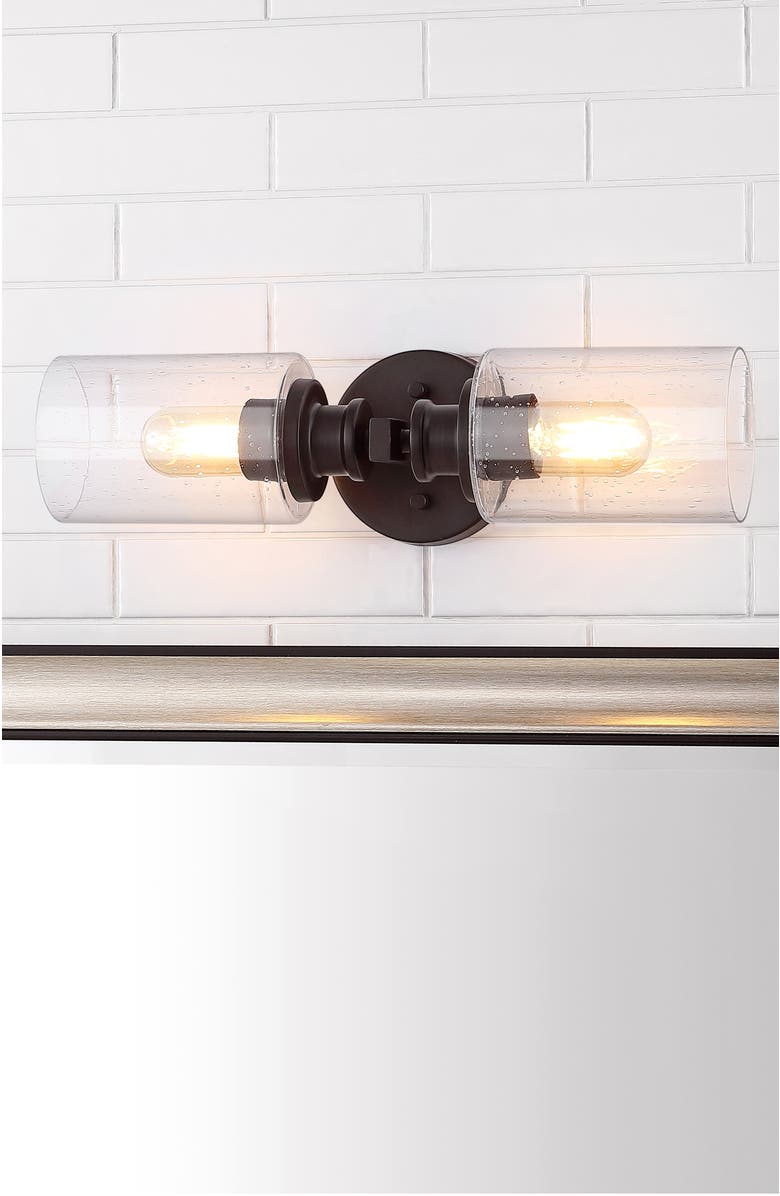 JONATHAN Y Jules Cylinder 2-Light Iron/Seeded Glass Farmhouse Contemporary LED Wall Sconce, Alternate, color, Oil Rubbed Bronze