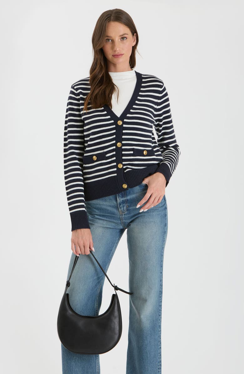 Blu Pepper Stripe V-Neck Cardigan, Alternate, color, Navy