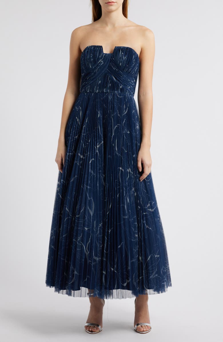 Hutch Pleated Strapless Mesh Gown, Main, color, Navy Floral