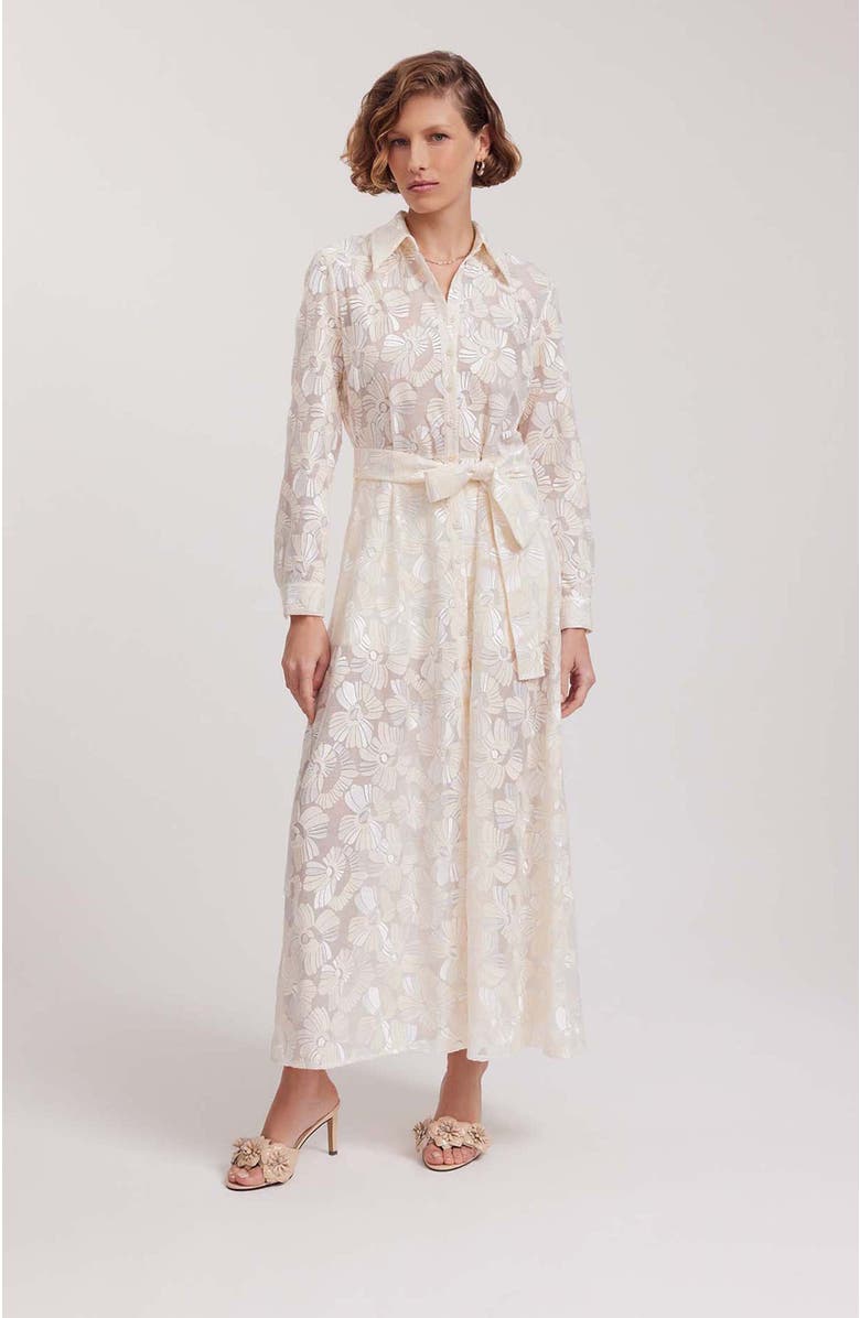 Anne Fontaine Women's Dress Adelie White Full Length Sheer Shirt Dress With Embroidered Flowers, Alternate, color, Moon White
