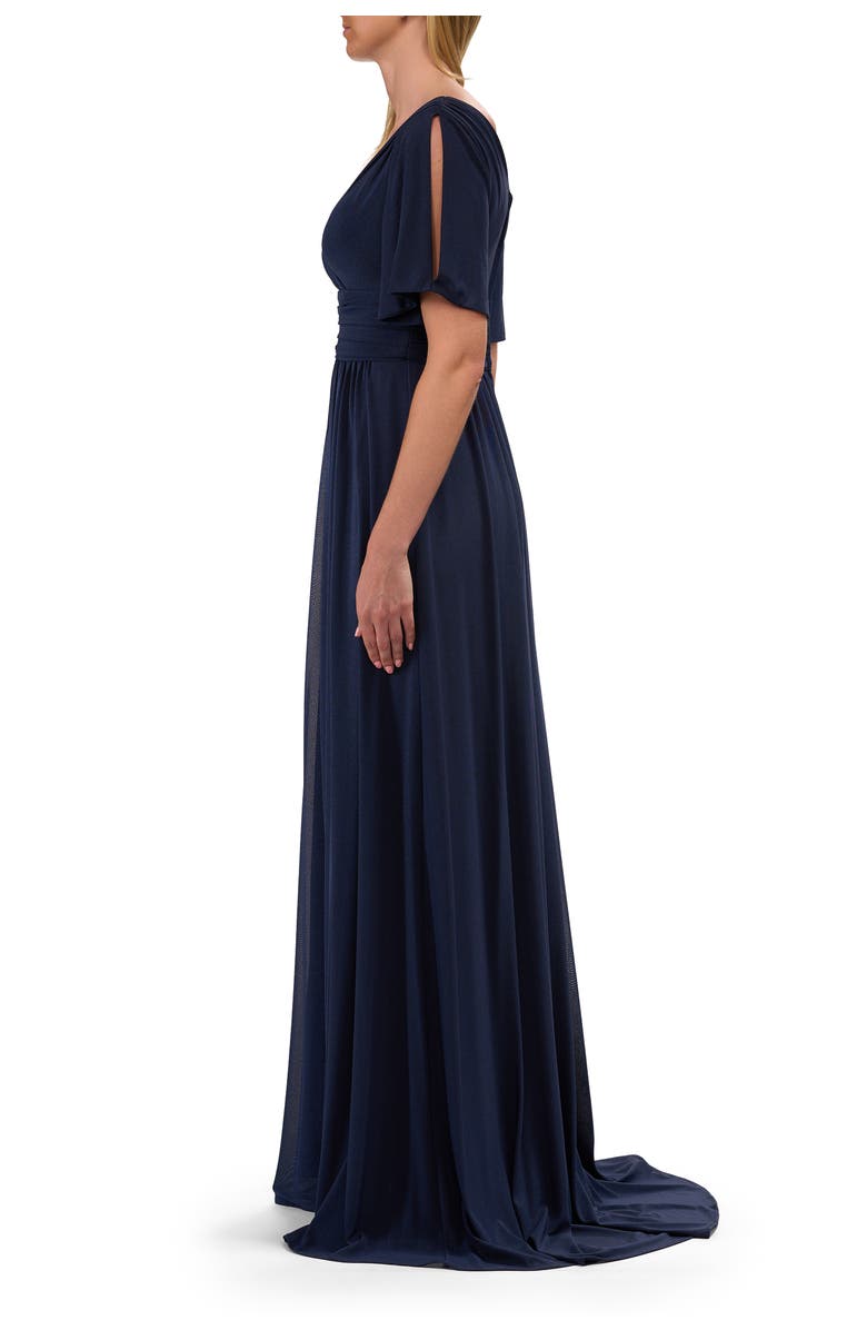 La Femme Flattering Net Jersey Long Dress with Ruffle Sleeve, Main, color, Navy