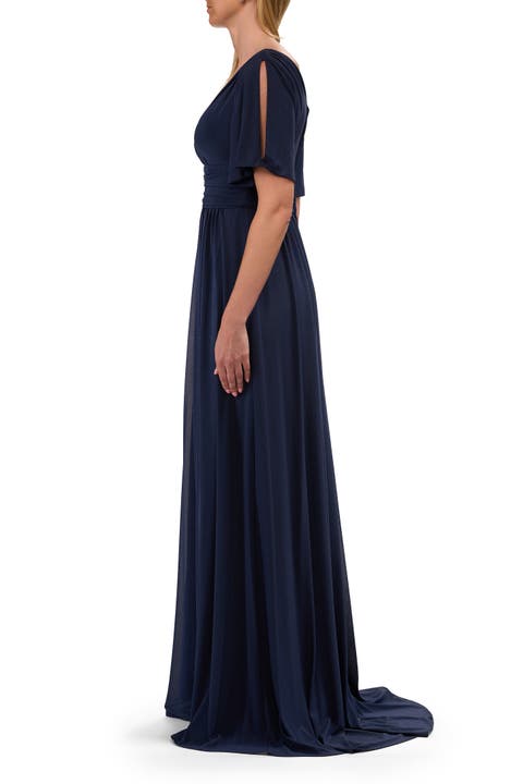 Flattering Net Jersey Long Dress with Ruffle Sleeve