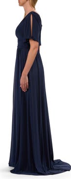 La Femme Flattering Net Jersey Long Dress with Ruffle Sleeve