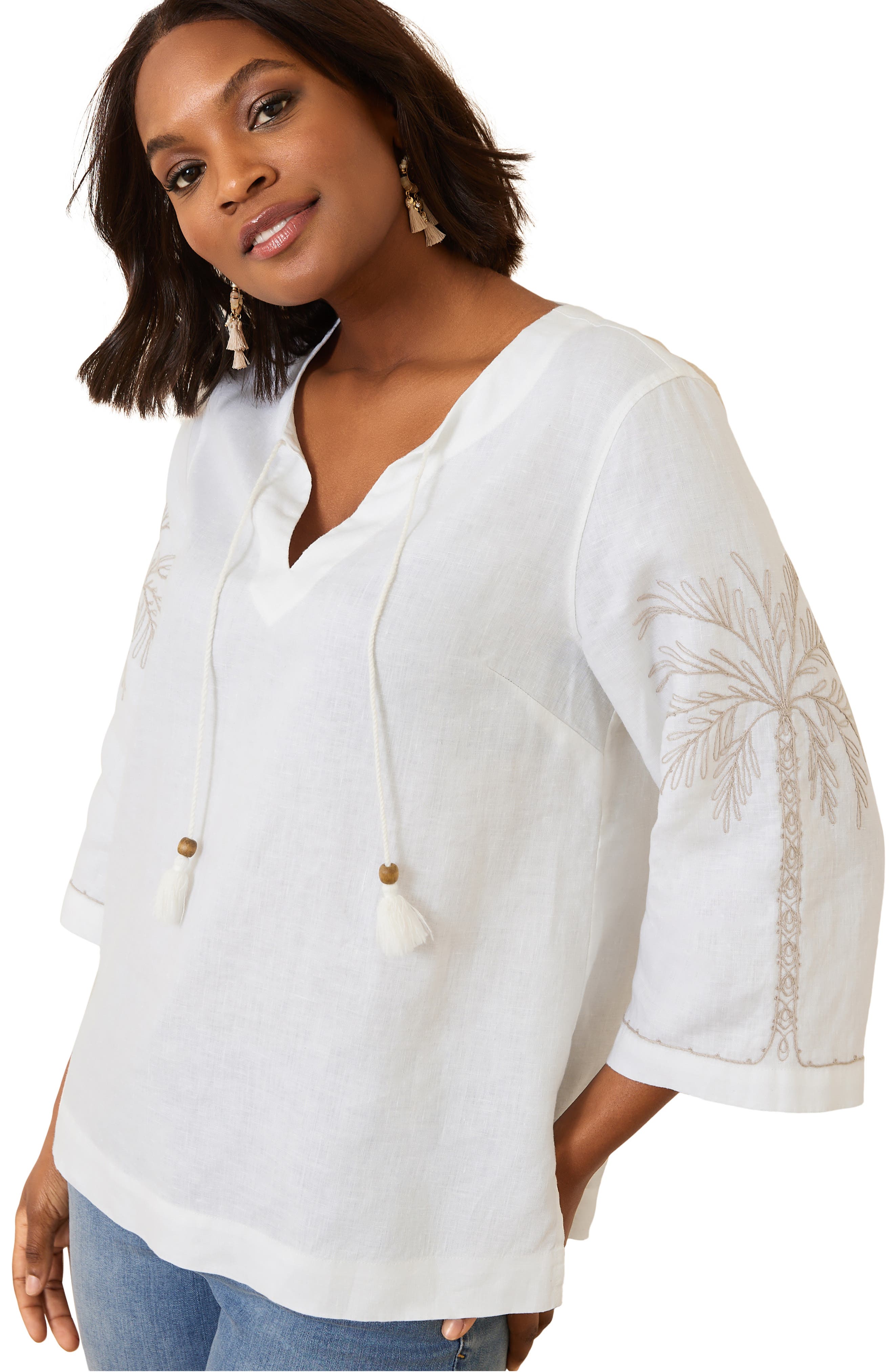 Tommy Bahama Breezy Palms Embroidered Linen Tunic Top (Women ...