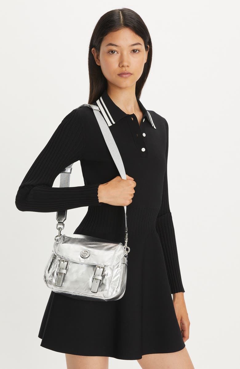 Tory Burch Small Virginia Metallic Nylon Messenger Bag, Alternate, color, Silver
