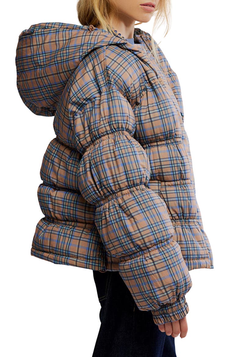 Party of One Plaid Water Resistant Hooded Puffer Jacket, Alternate, color, TAN COMBO